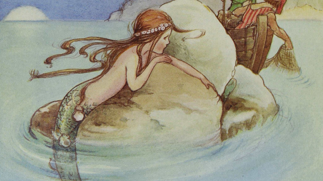 Colourful illustration of young mermaid on rock by fishing boat