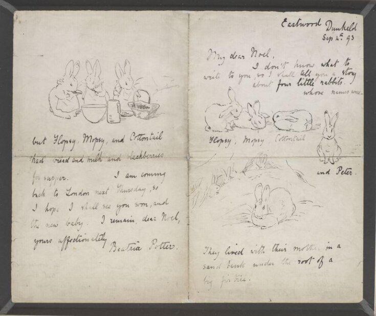 Handwritten letter with illustrations of rabbits