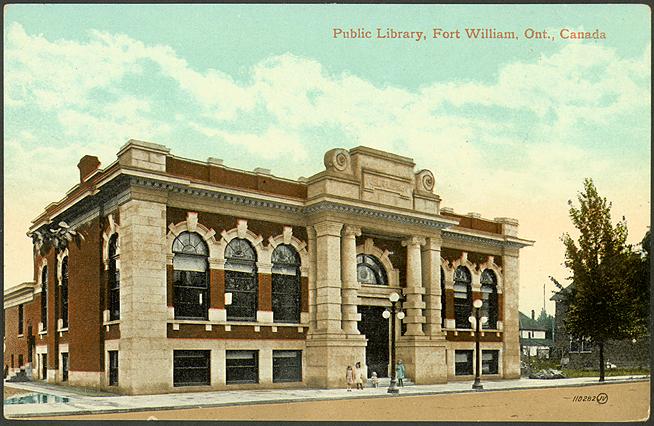 Large brick and stone library building. 