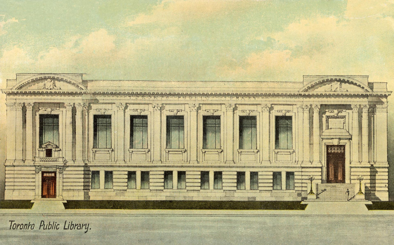 Drawing of large stone library building. 