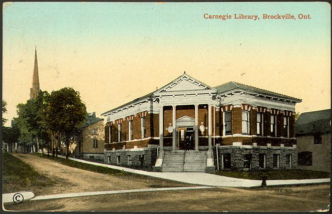 Brick and stone library with corner entrance. 