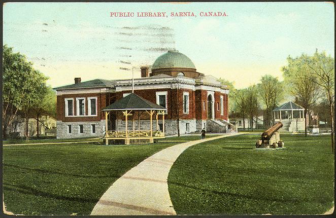 Vintage postcard of single storey building with dome and gazebo nearby in park