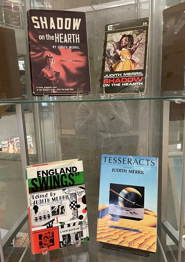 Speculating Women exhibit case with Judith Merril's books