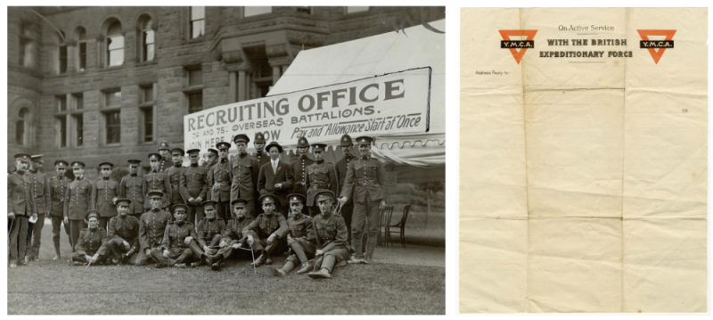 Two side by side images one with Portrait of around twenty uniformed officers in front of sign on tent reading Recruiting Office 74 an 75 overseas battalions join here pay and allowance start at once and the image image is wrinkled vintage paper that is blank with header reading On Active Service with the British Expeditionary Force YMCA Adress Reply to (1)