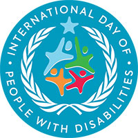 Blue IDPWD logo which features four colourful figures surrounded by the UN laurel leaves and text that reads International Day of People with Disabilities