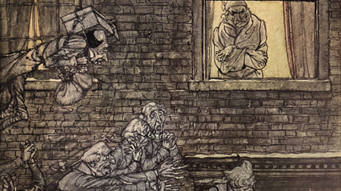 Illustration of ghostly figures flying past building with grumpy looking man in window