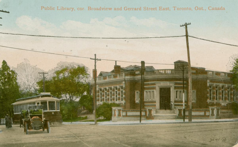 Vintage postcard of intersection with buggy and streetcar by a brick buiding at corner