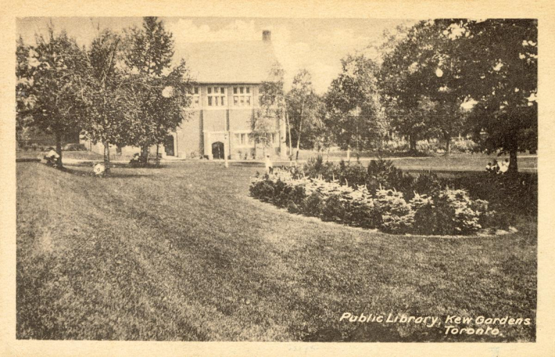Sepia postcard showing building through an open park