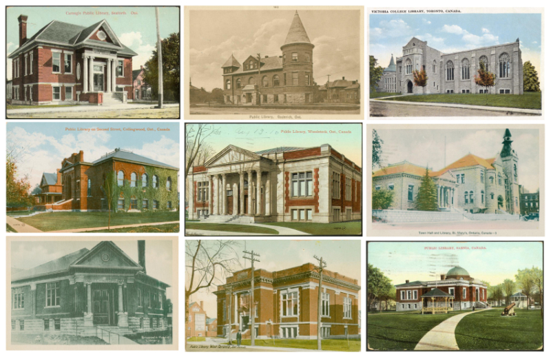 Grid of nine postcards of old library buildings