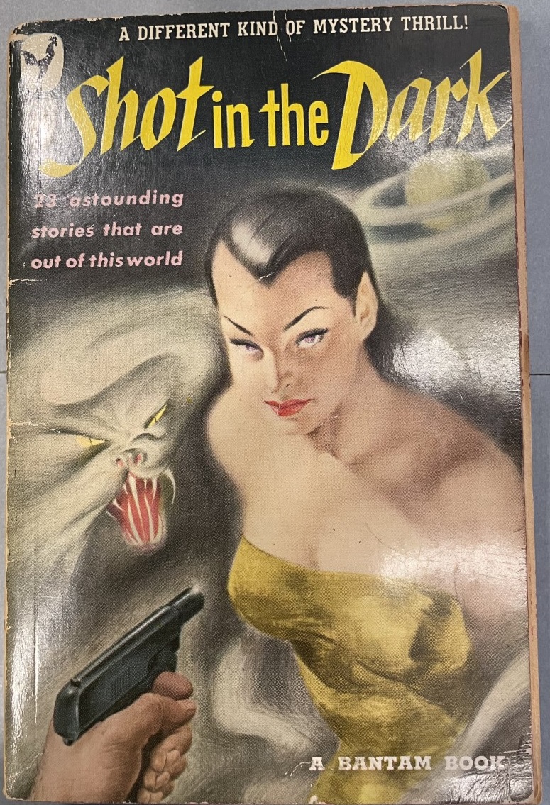 Shot in the Dark cover. A hand holding a gun pointed at a woman in yellow. A ghostly cat in the background.