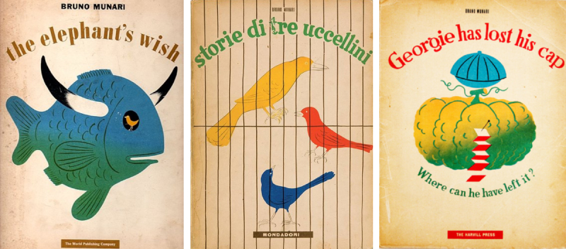 Faded book covers of three books with similar colourful illustrations and titles reading the elephant's wish and storie di tre uccelline and Georgie has his cap