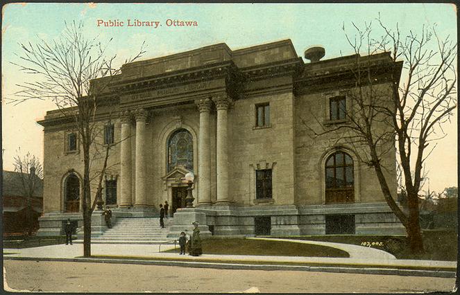 Vintage postcard with large two storey building with giant columns