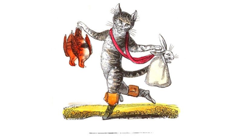 Colour illustration of a cat wearing boots and holding two birds and a rabbit