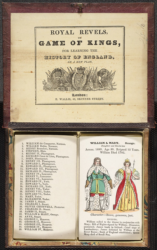 Box cover alongside opened box with two cards, one listing kings and queens of Britain and one showing a King and Queen illustrated with a brief description and key life facts Box cover alongside opened box with two cards, one listing kings and queens of Britain and one showing a King and Queen illustrated with a brief description and key life facts