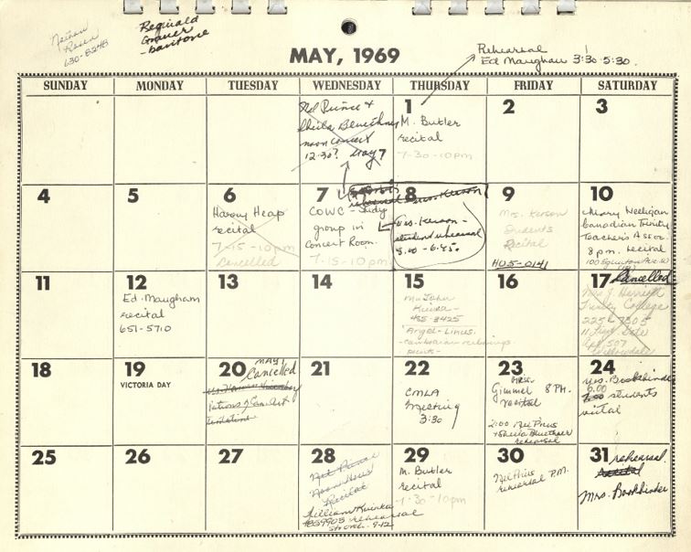 Yellowed calendar from May 1969 with handwritten notes some of which are crossed off