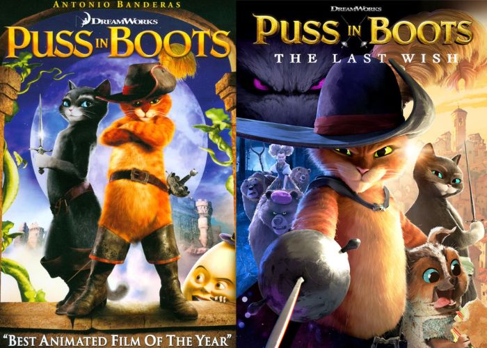 Movies poster for Puss in Boots (2011) and Puss in Boots The Last Wish (2022)