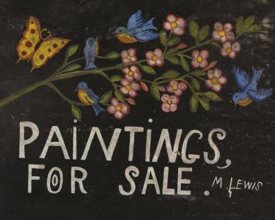 Book cover of Maud Lewis: Paintings for sale, featuring a painted tree branch alive with blue birds, pink cherry blossoms, and a yellow butterfly. 