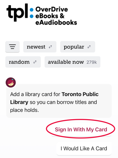 Screenshot from the Libby app. Text saying "sign in with my card" has been circled. Screenshot from the Libby app. Text saying "sign in with my card" has been circled.