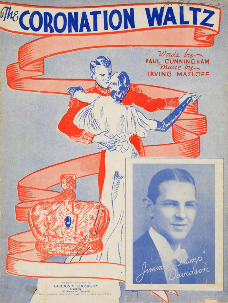 Vintage cover with couple dancing with ribbon leading to crown and inset photo of man and text reading The Coronation Waltz Words by Paul Cunningham Music by Irving Masloff