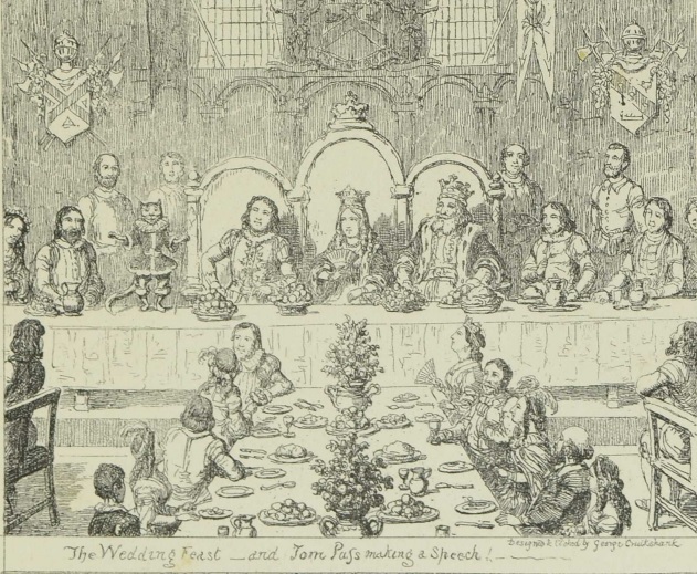 Black and white drawing of a cat giving a speeach to a large dinner party
