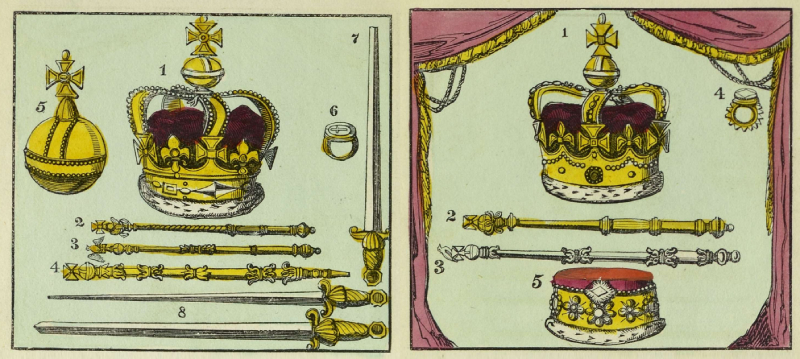 Two side by side illustrations of sets of royal crowns and sceptres and rings