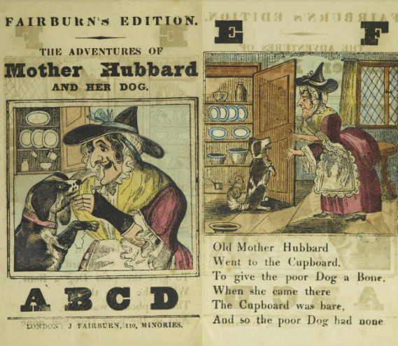 Illustration of Mother Hubbard and Her Dog along with verses and the the letters A B C D E F