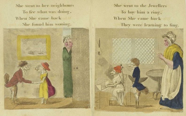 Two pages of Mother Hubbard one showing her dog courting a female dog and one showing the dog and female dog playing piano and singing