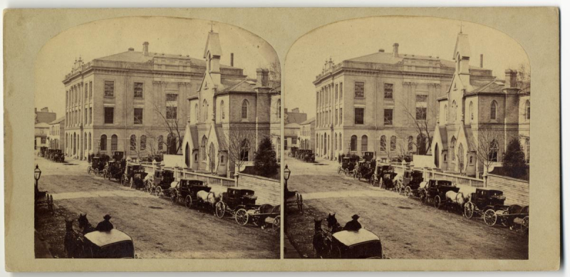 Two side by side images of same large corner building in vintage downtown