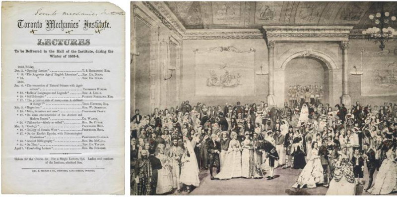 Ballroom  full visitors and the other a page of lecture events for the Mechanics Institute