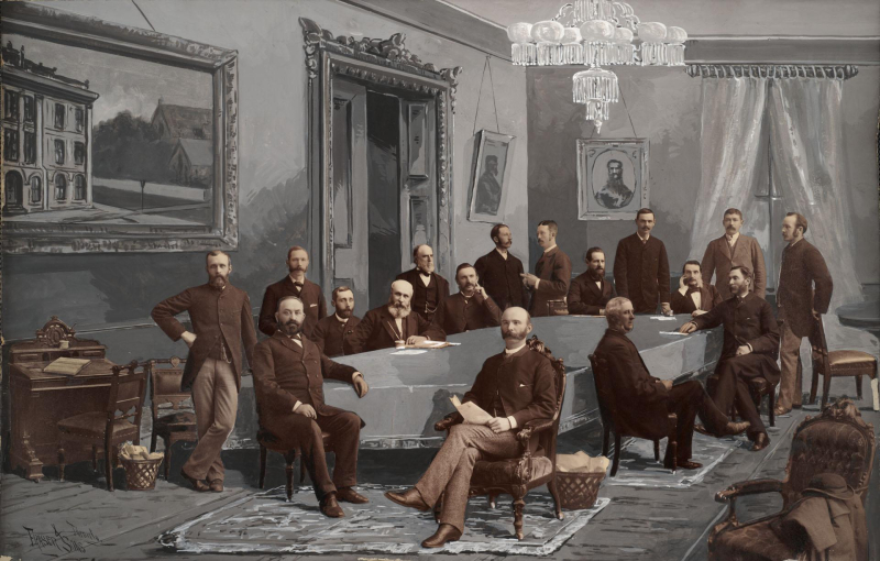 Vintage photo of large board room with figures of men highlighted against the grey background