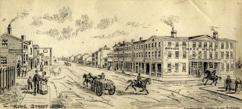 Sketch of vintage street with carts pulled by horses and people walking along lightly developed streets