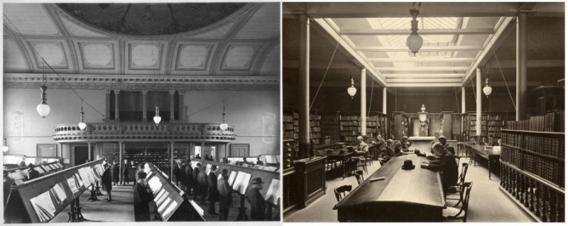 Two side by side images  one of large reading room with slanted tables with attached newspapers and men reading and Vintage photo of men reading in a library with window above them