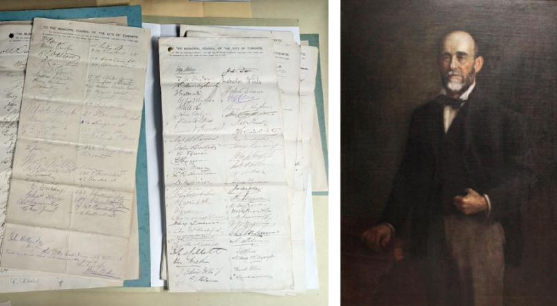 Two side by side images one with vintage petitions with many signatures and the other a dark portrait of man in vintage attire