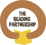Illustrated graphic with text that says "The Reading Partnership" and a circle that forms two hands holding a yellow book. Illustrated graphic with text that says "The Reading Partnership" and a circle that forms two hands holding a yellow book.