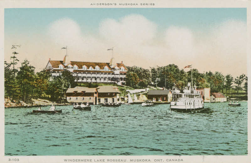 Vintage colourful postcard of lake with white boat and scenic canoes and resort