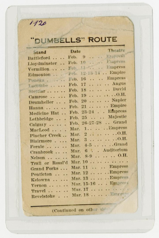 Piece of worn paper titled Dumbells Route with list of cities and dates