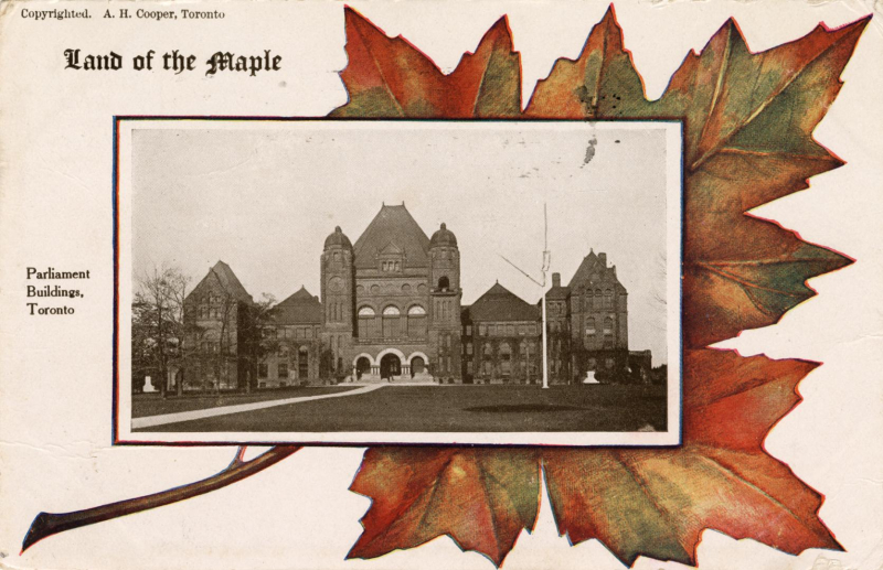 Vintage postcard with maple leaf frame and grayscale image of large building in middle