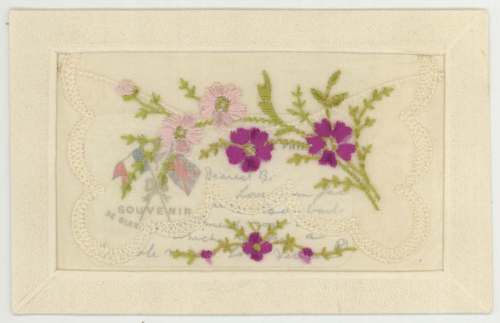 Silk WW1 embroidered postcard - flower design with insert and longer letter on back