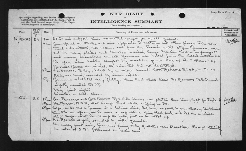 War Diary November 24 1915 of 3rd Battalion from Archives and Libraries Canada digitized copy.