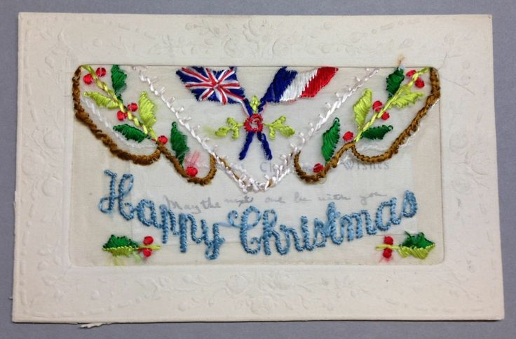 WW1 Silk Postcard Happy Christmas with flags of France and England and holly and with insert May the next one be with you