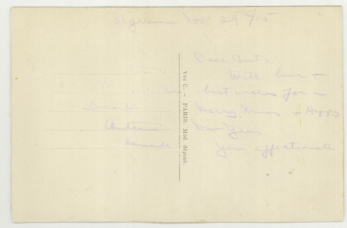 WW1 Silk embroidered postcard Christmas Greetings with pine cones and Church scene November 29 1915.  Dear Beat, with love and best wishes for a Merry Xmas and Happy New Year - your affectionat