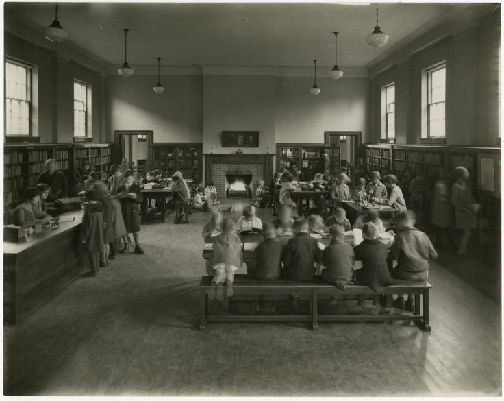 Riverdale branch Toronto Public Library children's department with fireplace.