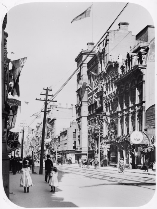 Decorations For Diamond Jubilee Queen Victoria, 1897, Toronto, King St. West looking east from west of Jordan St.