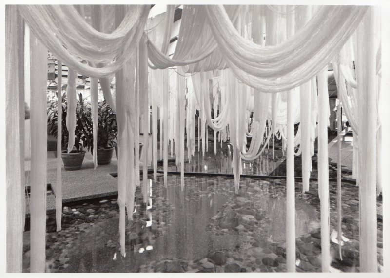 Lyra fabric art over entry pond of Metropolitan Toronto Reference Library by artist Aiko Suzuki - 1981 photo by Applied Photography Ltd 