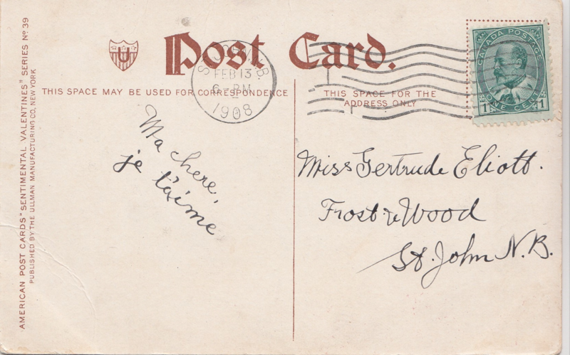 Vintage Valentine's Day postcard back of To My Valentine message says Ma Chere, Je t'aime