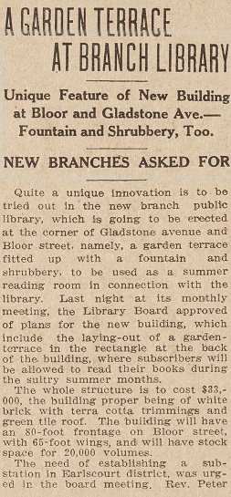 Article about Bloor Gladstone Dovercourt Branch Library from the Toronto Star Dec 13 1911 page 7