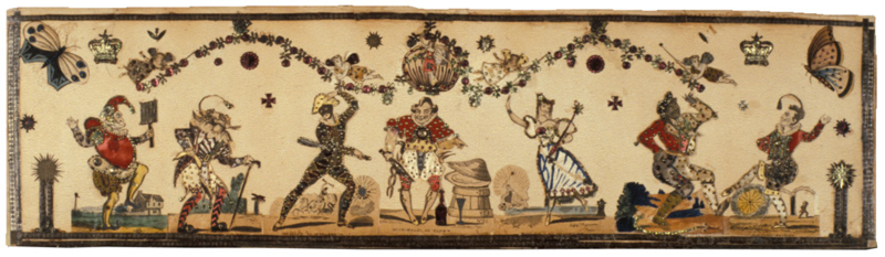 'Tinsel print', hand-coloured etching with stamped foil and silk applique, mid 19th century. Victoria and Albert Museum, London