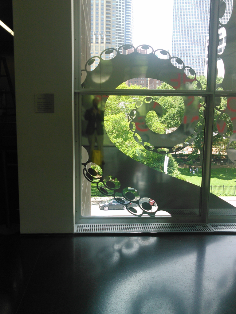 Bill's reflection in window at the Murakami exhibit in Chicago