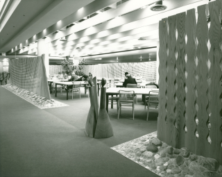 1977 photo Metropolitan Toronto Reference Library first floor reading area, wood extended hours screen and wood stanchions