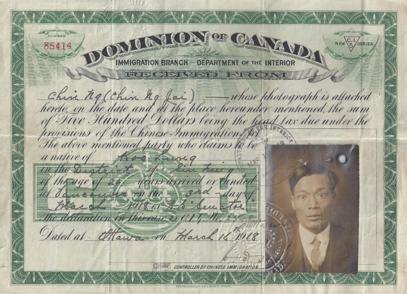 Head tax certificate $500 - Jim Ng 1918 